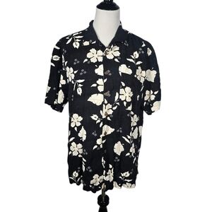Caribbean Joe Men's Large Rayon Black White Floral Hawaiian Button Down Shirt